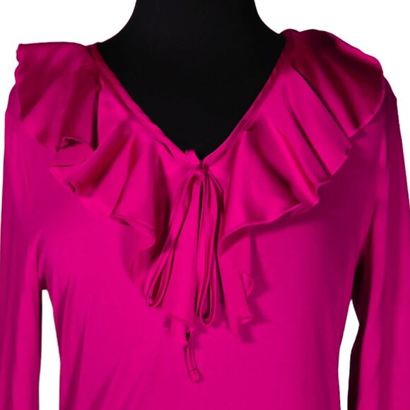 Ralph Lauren Women's Blouse Pink Satin Ruffle Stretch V-Neck 3/4 Sleeve Top L - Picture 4 of 9